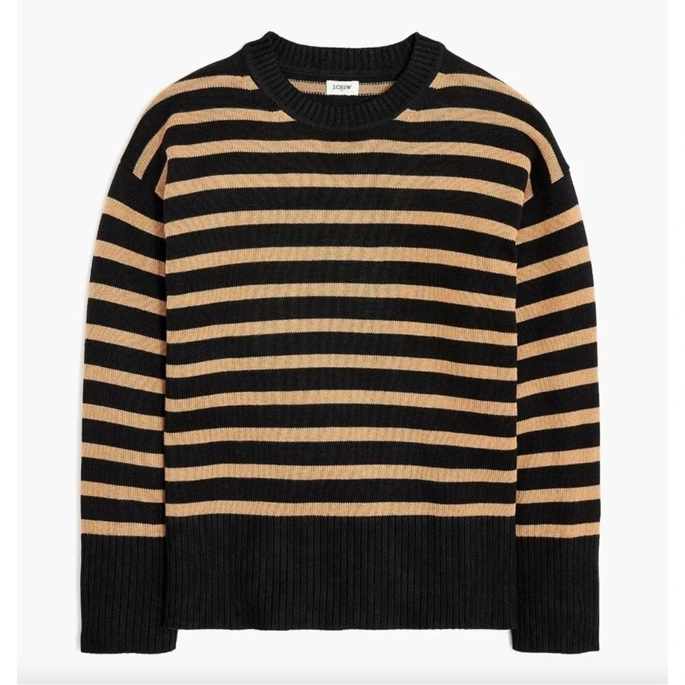 |J.Crew| Black Tan Striped Crewneck Relaxed Sweater 100% Cotton Woman's Small